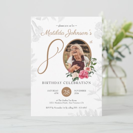 ボタニカル白カスタム金ゴールド写真80誕生日 招待状 (スタンド正面)