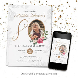 ボタニカル白カスタム金ゴールド写真80誕生日 招待状