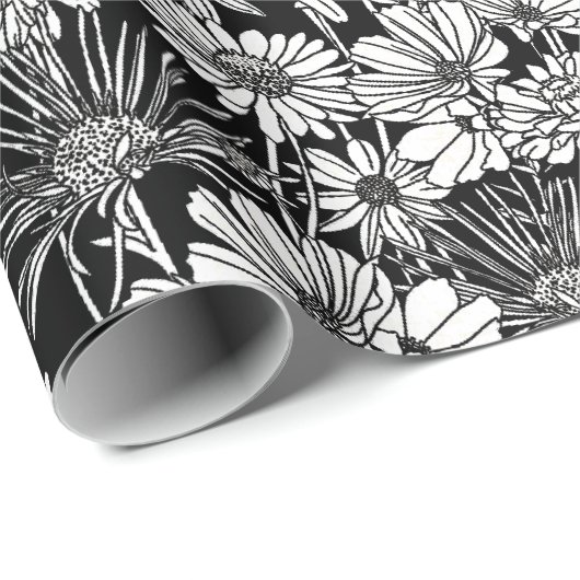 ボタニカル白黒デイジーフローラアートパターン ラッピングペーパー (ロールコーナー)