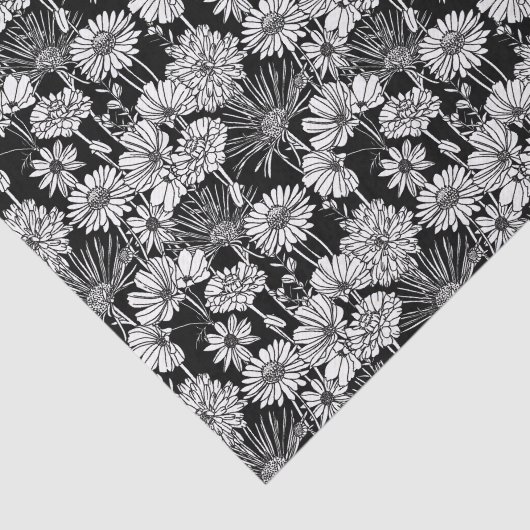 ボタニカル白黒デイジーフローラアートパターン 薄葉紙 (詳細)