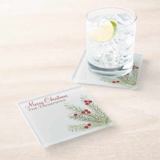 ボタニカル素朴ウォーターカラーホリデーウィンターカスタム ガラスコースター (アングル)