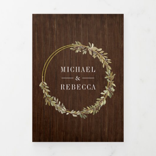 ボタニカル素朴オリーブブランチバーンウッドズ結婚ズ 三つ折り招待状 (カバー)