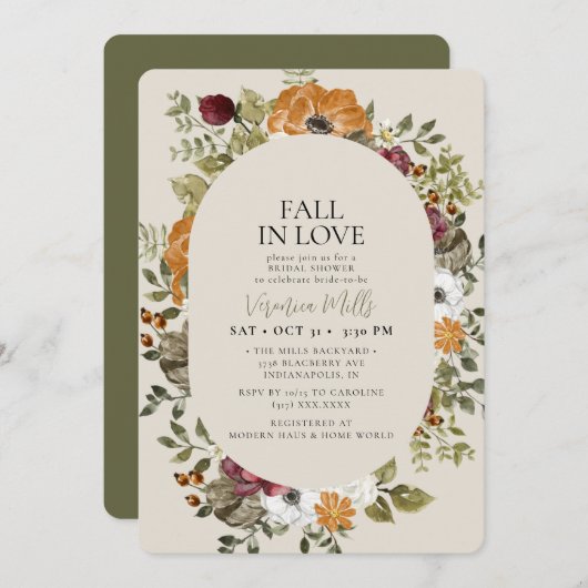 ボタニカル素朴グリーンセージラストブライダルシャワー 招待状 (正面/裏面)