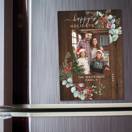 ボタニカル素朴ダークウッドホリデーマグネットカード