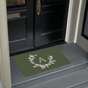 ボタニカル素朴モノグラムイニシャルフォレストグリーンドゥー ドアマット