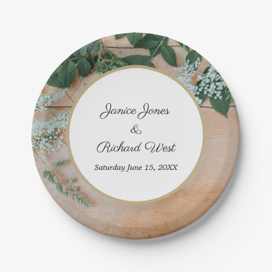 ボタニカル素朴金ゴールドフレームカスタムウェディング ペーパープレート (正面)