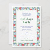 ボタニカル縁どブルーホワイトレッドホリデーズパーティー 招待状 (正面)