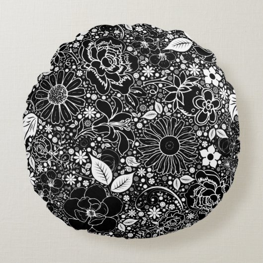 ボタニカル美しいブラックホワイトラウンド装飾用クッション ラウンドクッション (正面)