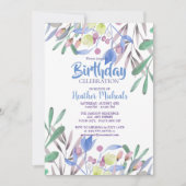 ボタニカル美しいブルーウォーターカラー女性誕生日 招待状 (正面)