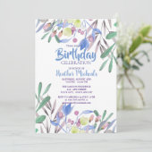 ボタニカル美しいブルーウォーターカラー女性誕生日 招待状 (スタンド正面)