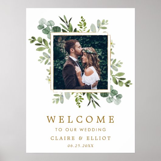 ボタニカル金ゴールドグリーンリース写真結婚の歓迎 ポスター (正面)