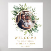 ボタニカル金ゴールドグリーンリース写真結婚の歓迎 ポスター (正面)