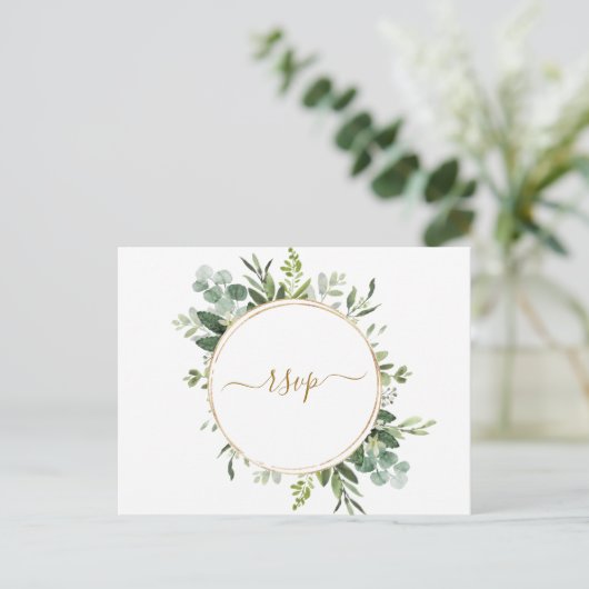 ボタニカル金ゴールドサークルリースウェディングRSVP インビテーションポストカード (スタンド正面)