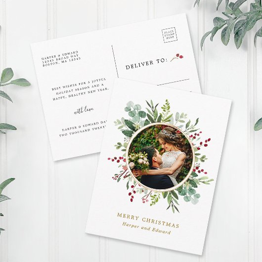 ボタニカル金ゴールドスクリプトフォトホリデー ポストカード