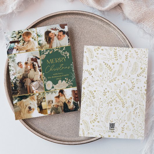 ボタニカル金ゴールドホワイトフローラリースフォトクリスマス シーズンカード