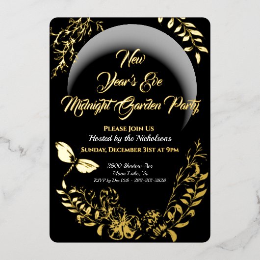 ボタニカル金ゴールド新年のイブパーティの招待状フォイ 箔招待状 (正面)