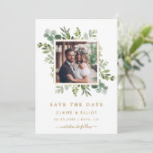 ボタニカル金ゴールド結婚グリーンの写真保存日 セーブザデート (スタンド正面)