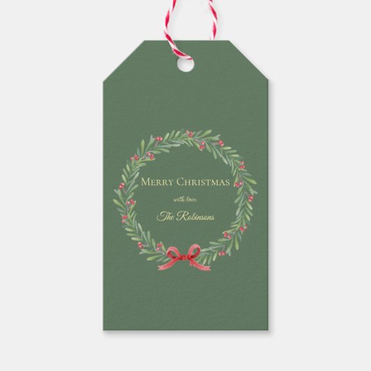 ボタニカル クリスマスリース モダンスクリプト ギフトタグ (正面)