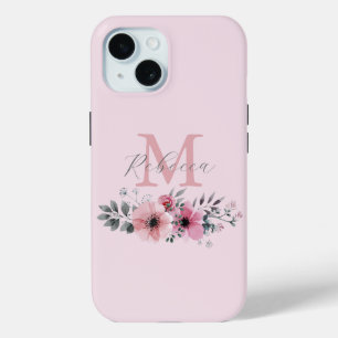 ボタニカル シックな水彩ピンクの花 iPhone 15ケース