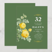 ボタニカル シック イエロー & グリーン フラワー 32歳の誕生日 招待状 (正面/裏面)