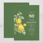 ボタニカル シック イエロー & グリーン フラワー 80歳 誕生日 招待状 (正面/裏面)