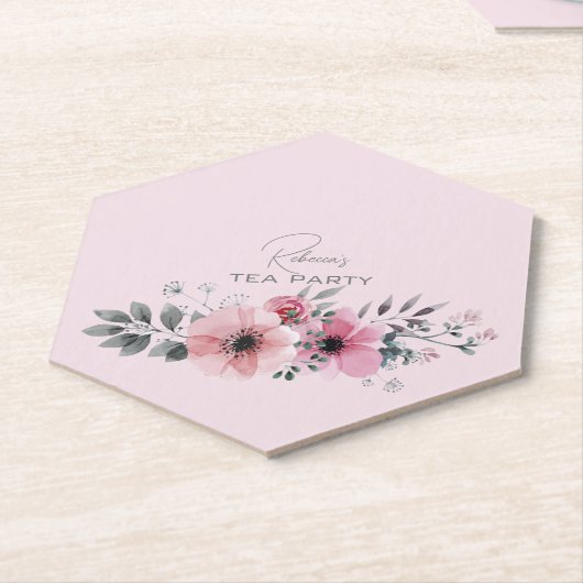 ボタニカル シック フラワル エレガント グレー ピンク フラワー ペーパーコースター (アングル)