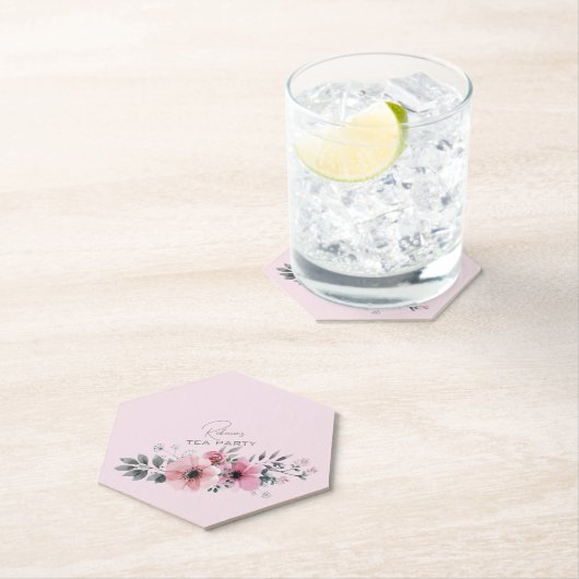 ボタニカル シック フラワル エレガント グレー ピンク フラワー ペーパーコースター (インサイチュ)