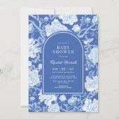 ボタニカル シノワズリー デルフト ブルー ホワイト ベイビー シャワー 招待状 (正面)
