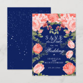 ボタニカル ダークブルーとコーラル フラワー セーブザデート (正面/裏面)