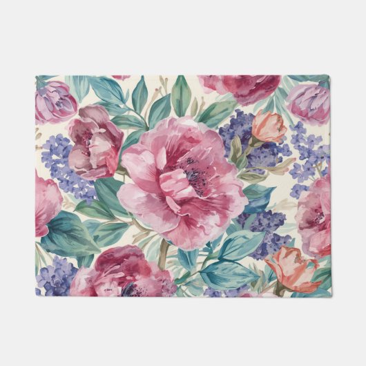 ボタニカル・デザインの芍薬の水彩画 ラベンダーの花 フローラル ドアマット (正面)
