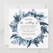 ボタニカル ネイビーブルー フェルン 葉 水彩 wreath 招待状 (正面)