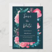 ボタニカル ノルディック ブルー グリーン ピンク フローラ Save the Date 招待状 (正面)