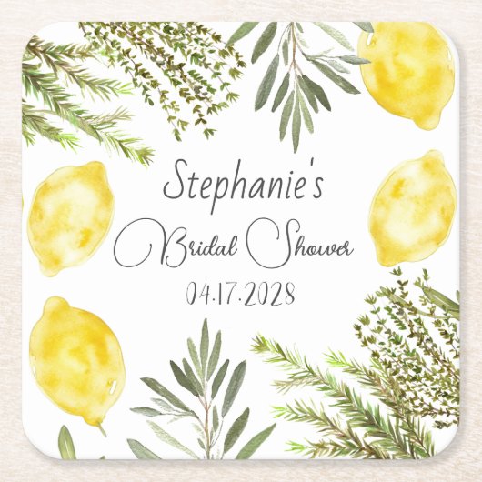 ボタニカル ハーブ レモン 水彩 結婚前お茶会 スクエアペーパーコースター (正面)