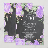 ボタニカル パープル フローラル サプライズ 100歳の誕生日 招待状 (正面/裏面)