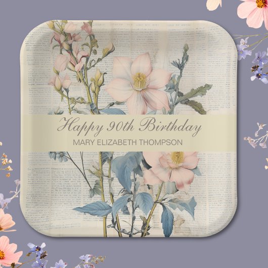 ボタニカル ビンテージ 野の花 90歳の誕生日 ペーパープレート