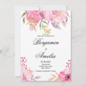 ボタニカル ピンク オレンジ 水彩花 ウェディング 招待状 (正面)