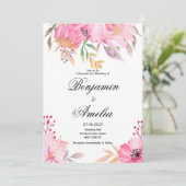 ボタニカル ピンク オレンジ 水彩花 ウェディング 招待状 (スタンド正面)