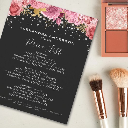 ボタニカル ピンク フラワーズ ダイヤモンド グリッター ブラック サロン チラシ