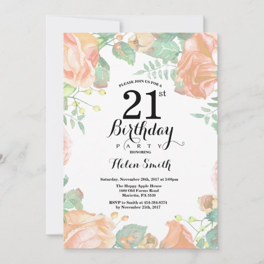 ボタニカル ピンク フローラル 21歳の誕生日招待状 招待状 (正面)