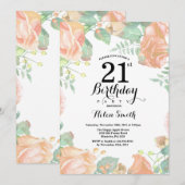 ボタニカル ピンク フローラル 21歳の誕生日招待状 招待状 (正面/裏面)