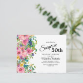 ボタニカル ピンク ブルー 水彩 花 50歳 誕生日 ポストカード (スタンド正面)
