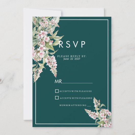 ボタニカル ピンク マーブル グリーン 花のRSVP 招待状 (正面)