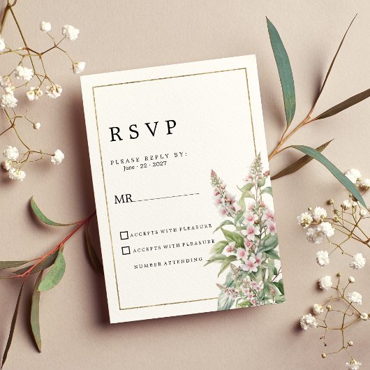 ボタニカル ピンク ミント フラワー ブーケ RSVP 招待状