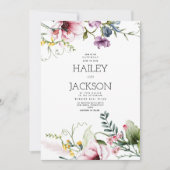ボタニカル ピンク ライラック バーガンディー グリーン 花のウェディング 招待状 (正面)