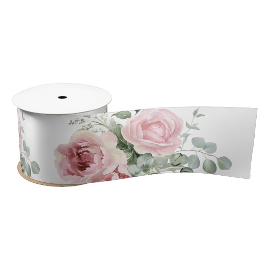 ボタニカル ピンク ローズ グリーン サテンリボン (リール)
