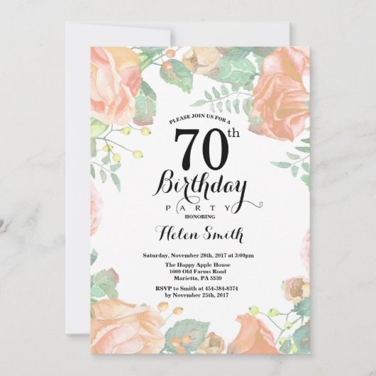 ボタニカル ピンク 花 70歳 誕生日 招待状 (正面)