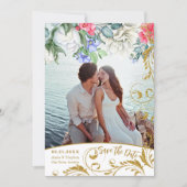 ボタニカル フェイク ゴールド グリッター スワールズ セーブ ザ デート 招待状 (正面)