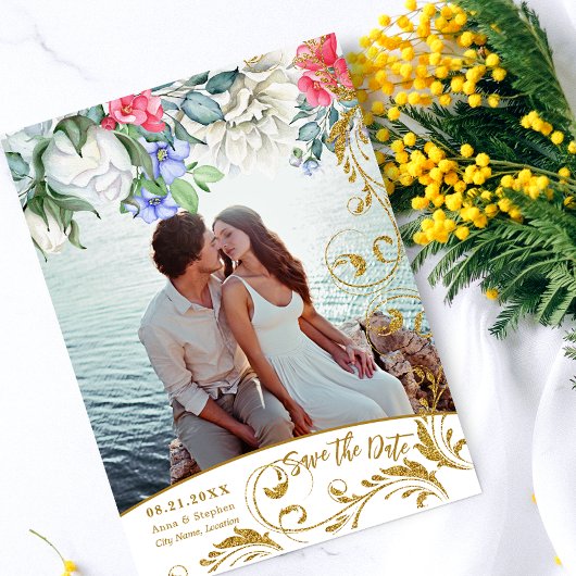 ボタニカル フェイク ゴールド グリッター スワールズ セーブ ザ デート 招待状