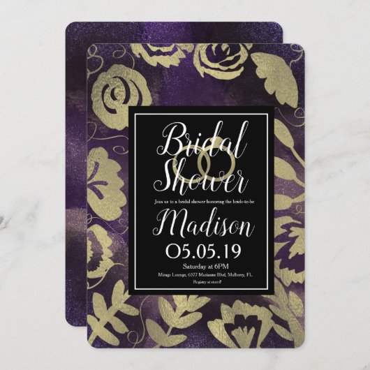 ボタニカル フラワー ガーデン ローズ ゴールド パープル ウェディング 招待状 (正面/裏面)
