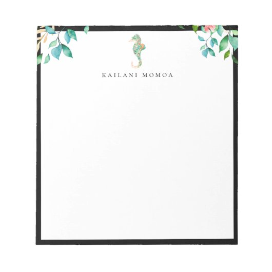 ボタニカル フローラル シーホース ブラック フレーム ノートパッド (正面)